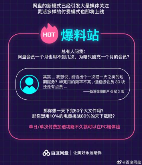 百度網(wǎng)盤：PC版將推出單日/單次付費(fèi)加速功能