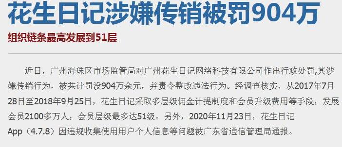 花生日記再次因涉及傳銷被罰款904萬
